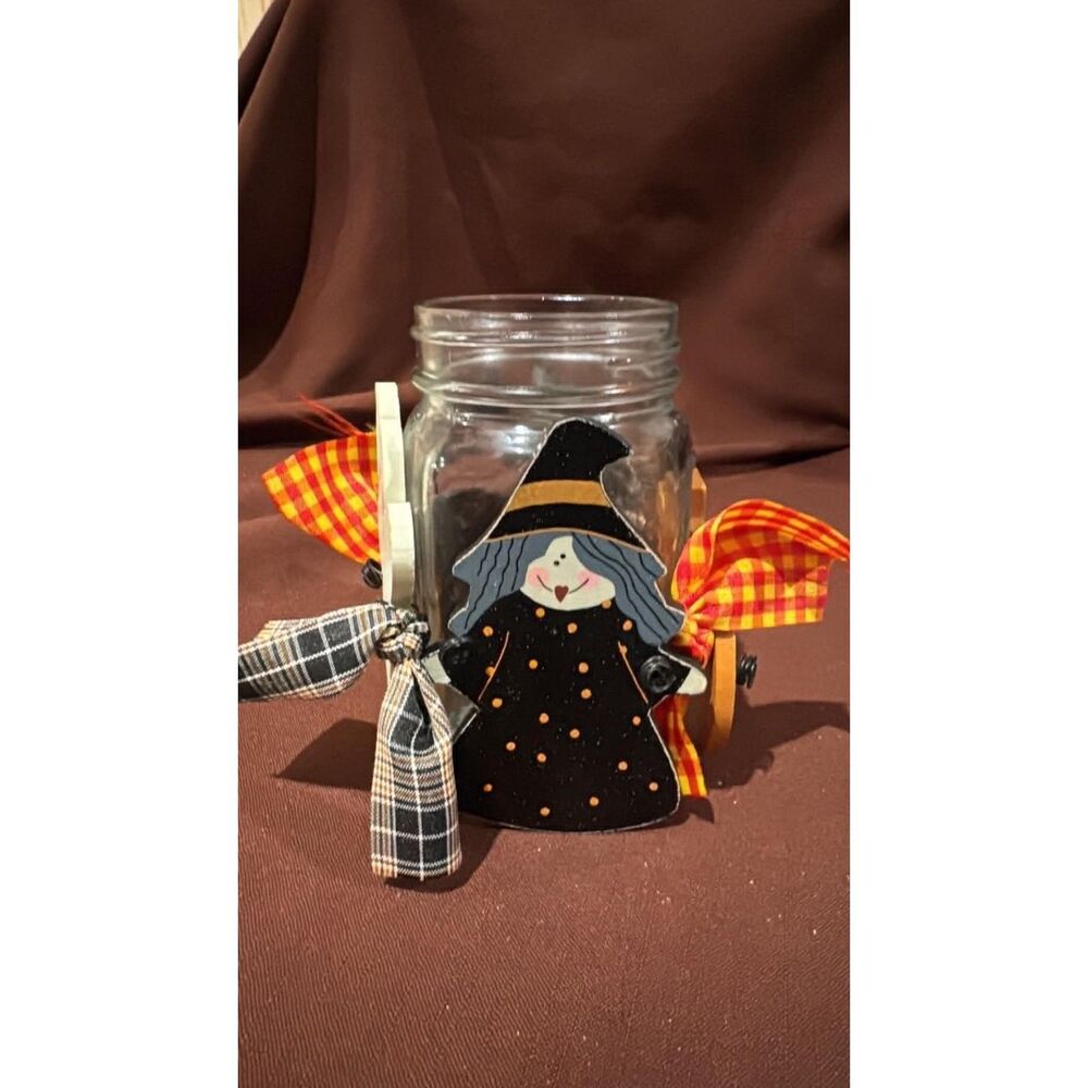 Folk Art Halloween Wood Decoration Witch Ghost Black Cat Jack- o-Lantern